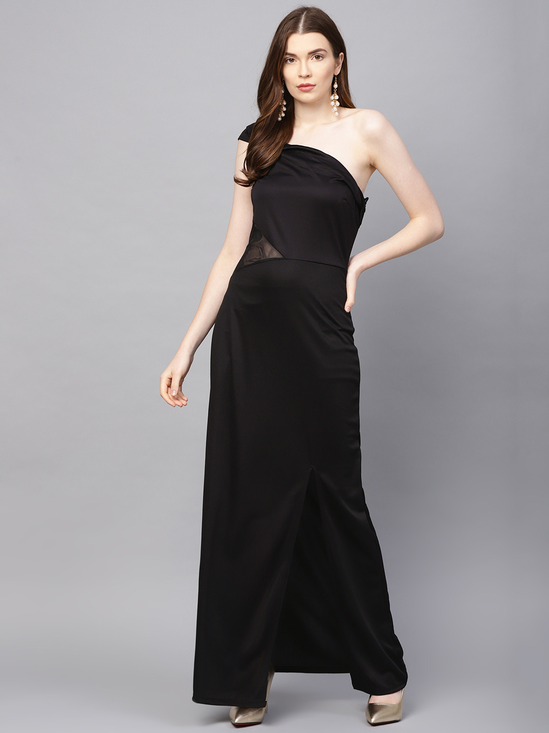 

Kazo Women Black Solid One-Shoulder Maxi Dress