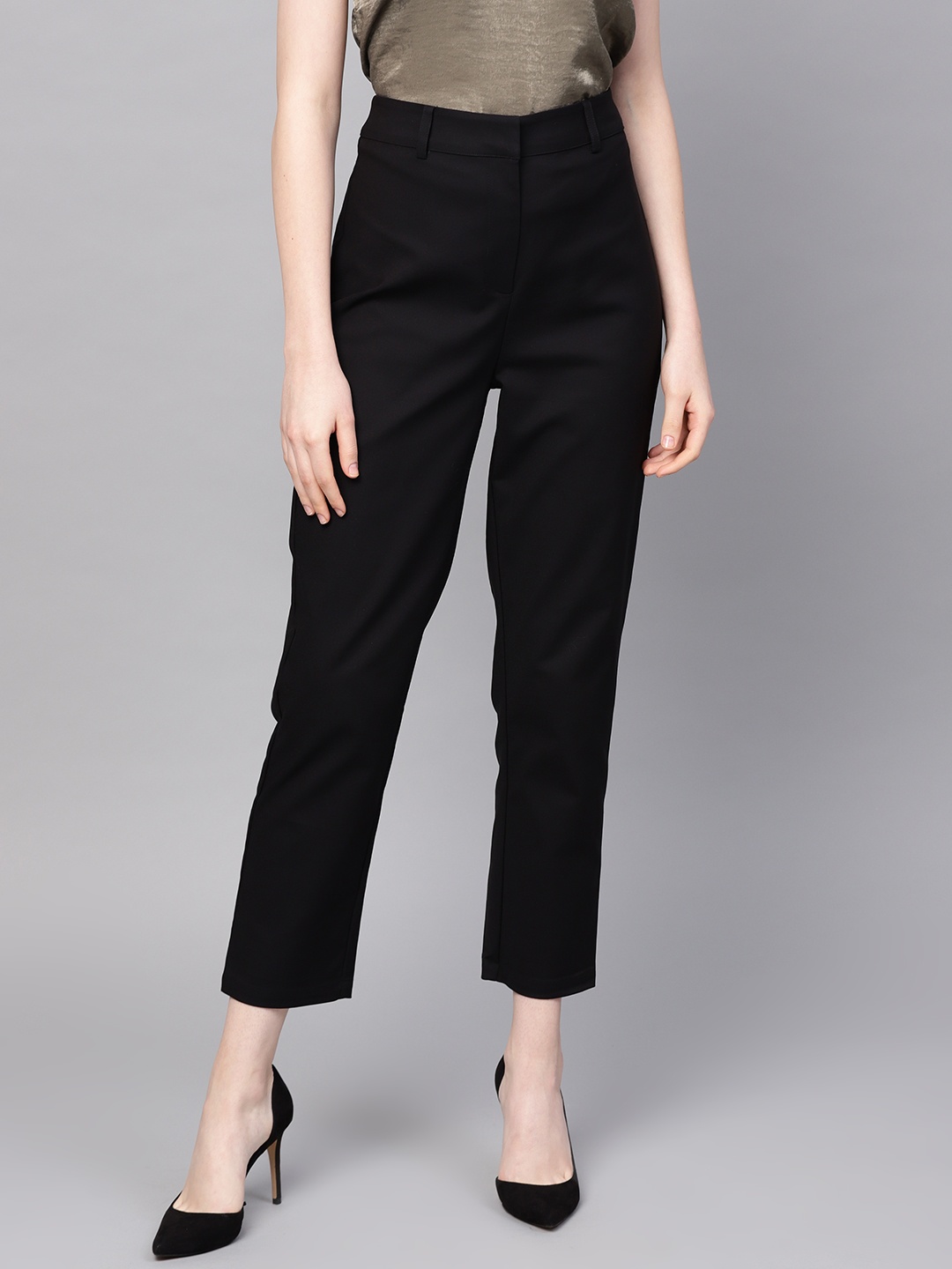 

Kazo Women Black Regular Fit Solid Crop Formal Trousers