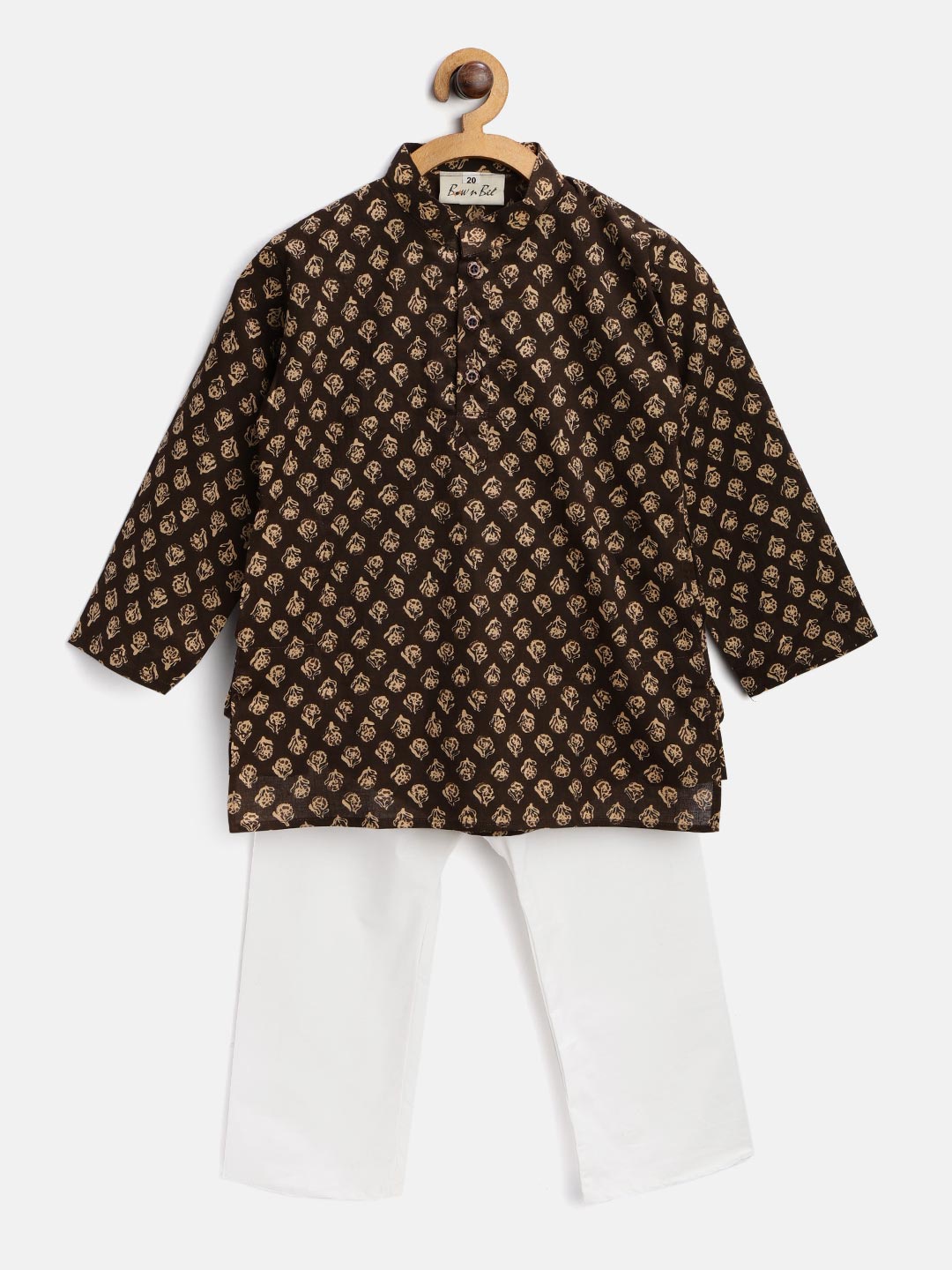 

BownBee Boys Brown & Off-White Printed Kurta with Pyjamas