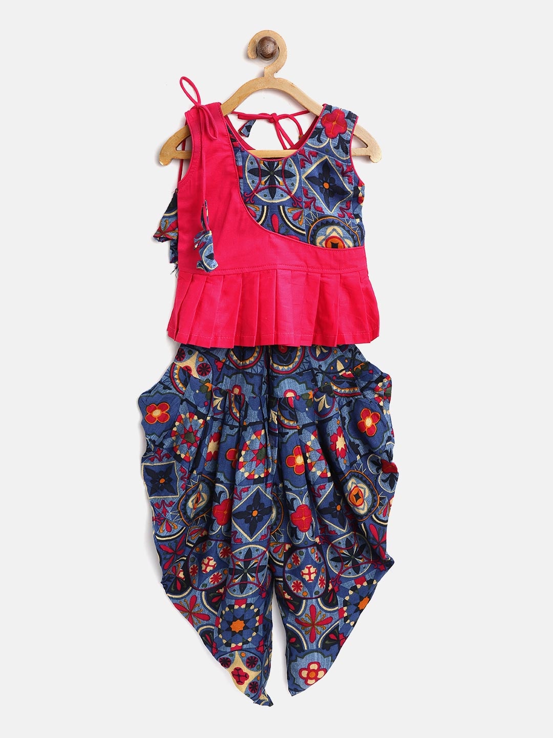 

BownBee Girls Pink & Navy Blue Printed Top with Dhoti Pants