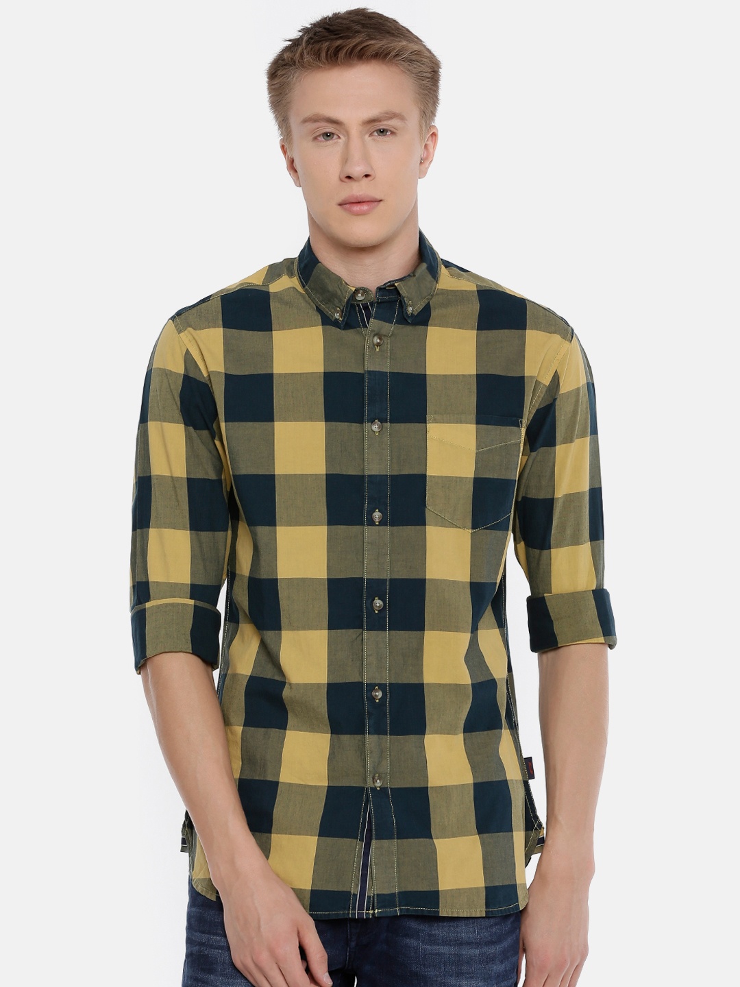 

Jack & Jones Men Yellow & Navy Blue Regular Fit Checked Casual Shirt