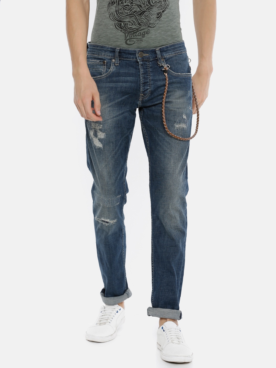 

Jack & Jones Men Blue Slim Fit Low-Rise Low Distress Stretchable Jeans