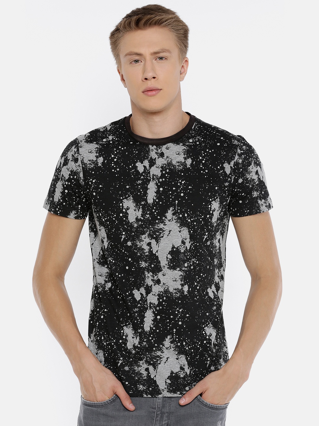 

Jack & Jones Men Black & Grey Printed Round Neck T-shirt