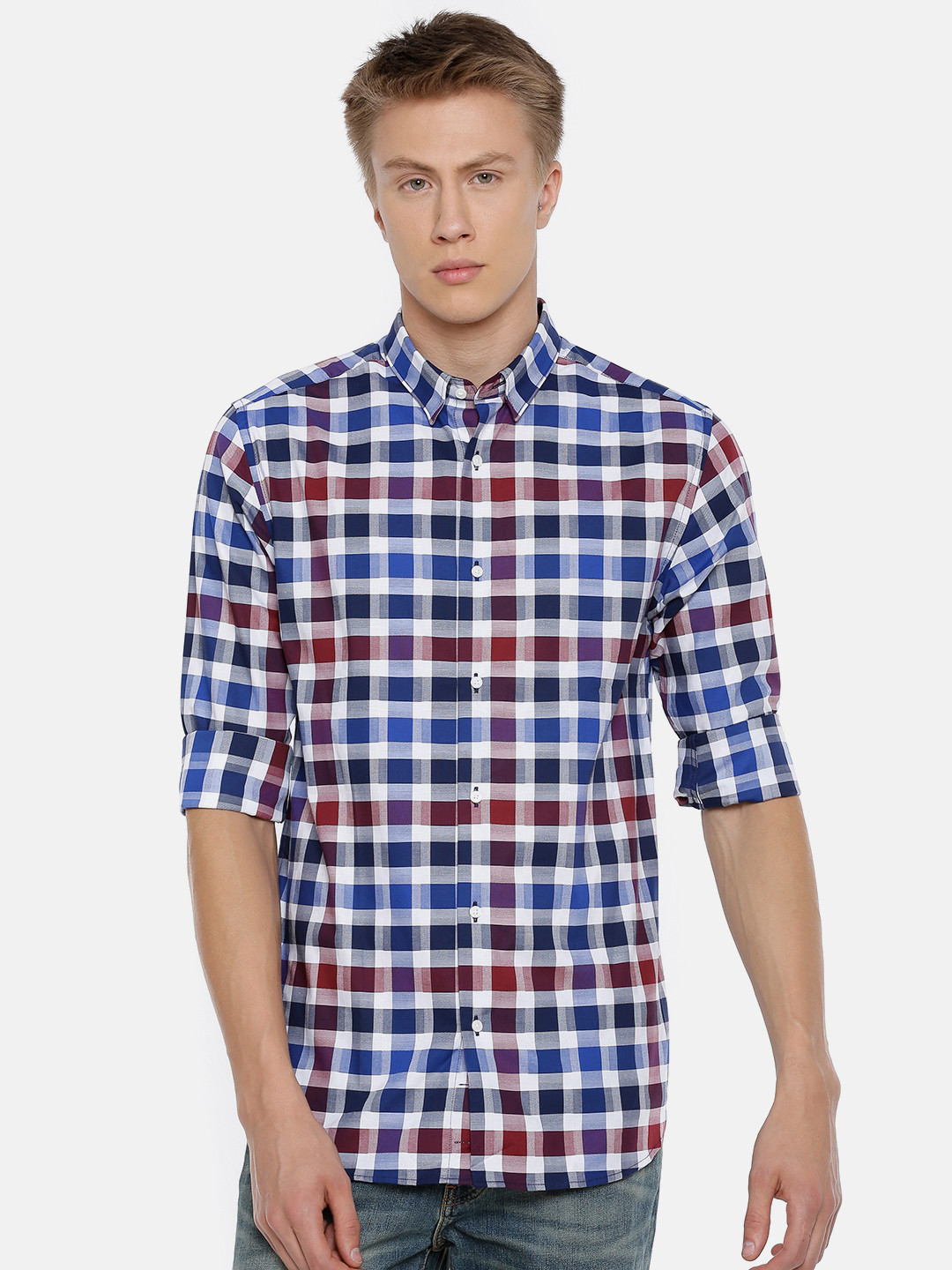 

Jack & Jones Men Blue & Off-White Slim Fit Checked Casual Shirt