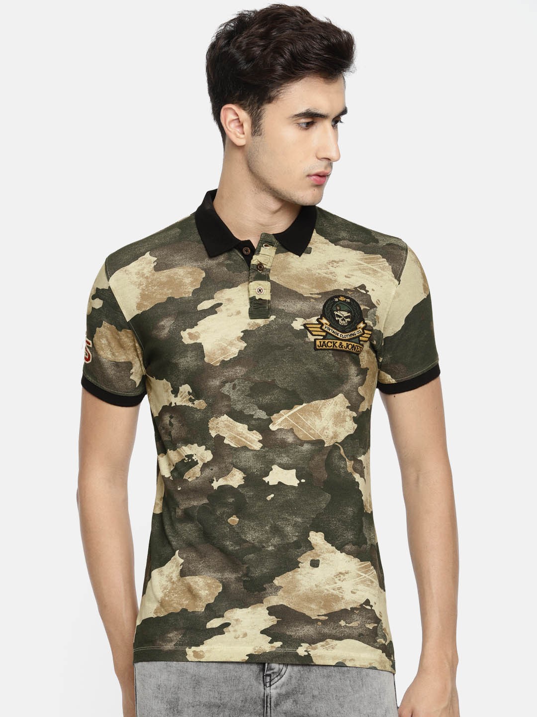 

Jack Jones Men Brown Olive Green Slim Fit Printed Polo Collar Pure Cotton T-shirt