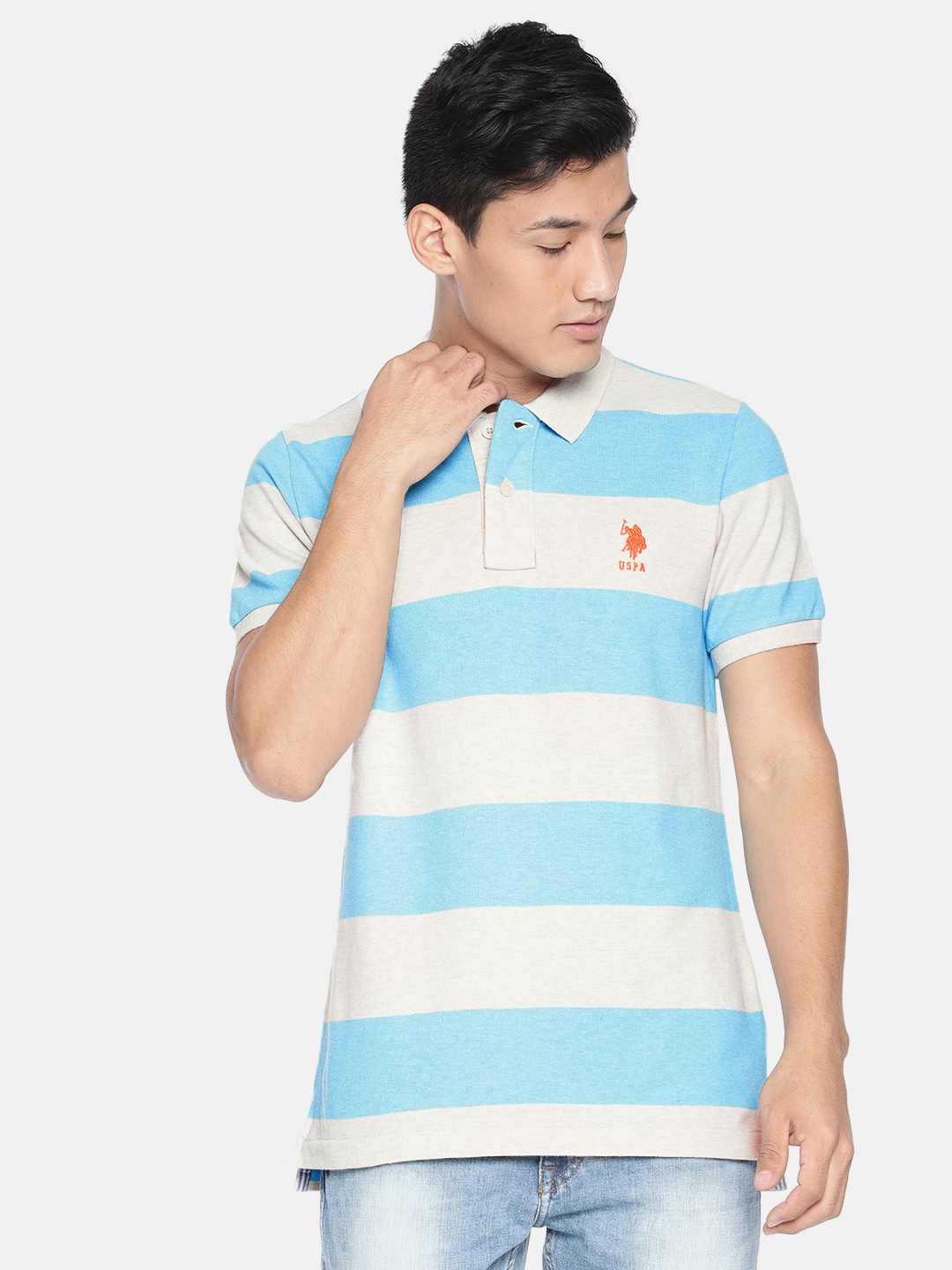

U.S. Polo Assn. Men Blue White Striped Polo Collar Pure Cotton T-shirt