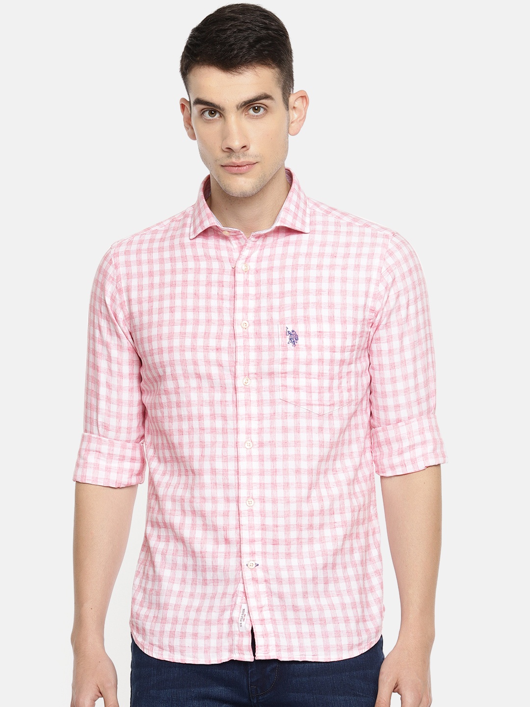 

U.S. Polo Assn. Men Pink & White Tailored Fit Checked Casual Shirt