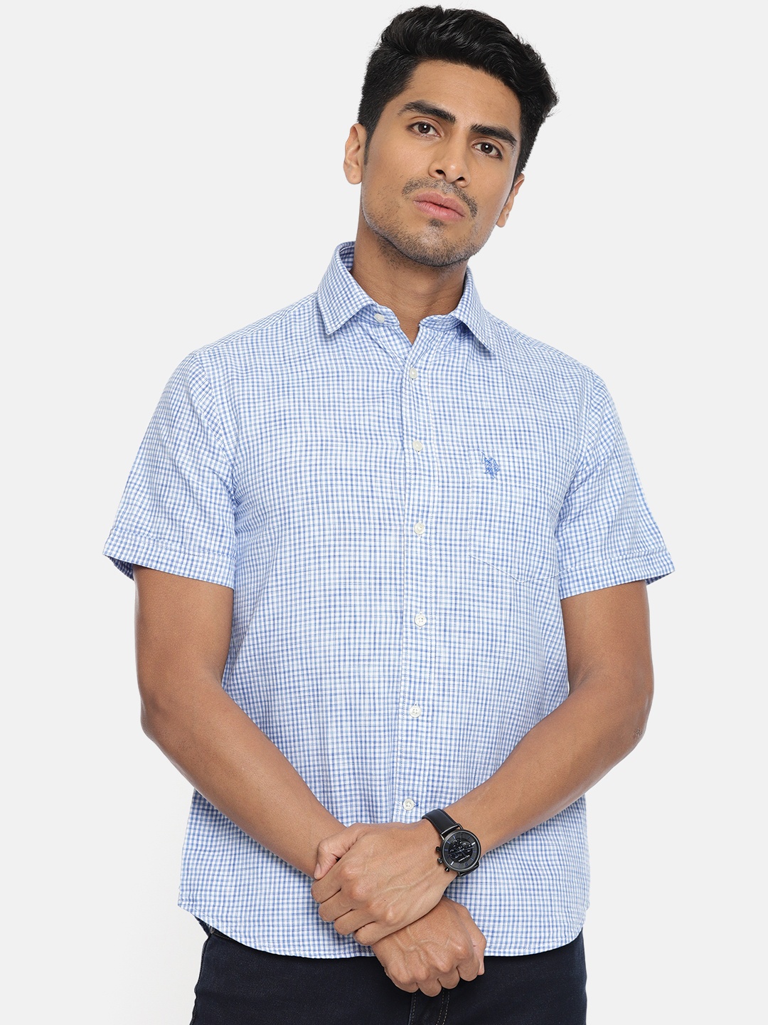 

U.S. Polo Assn. Men Blue & White Tailored Fit Checked Casual Shirt