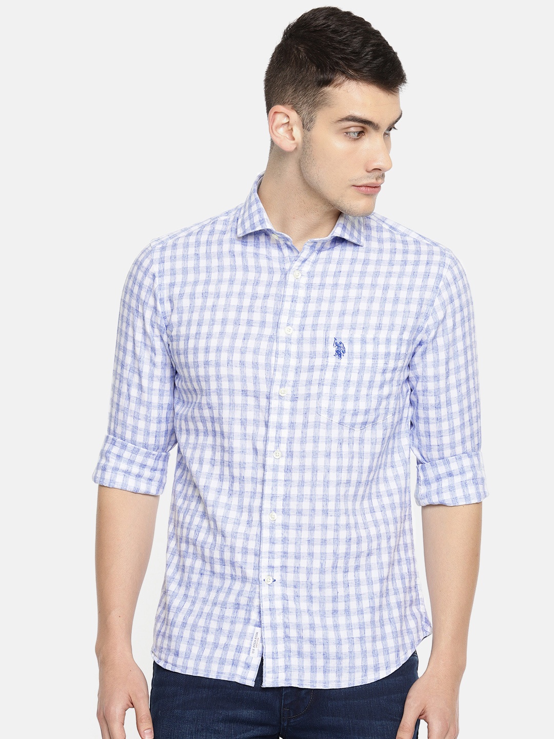 

U.S. Polo Assn. Men Blue & White Tailored Fit Checked Casual Shirt