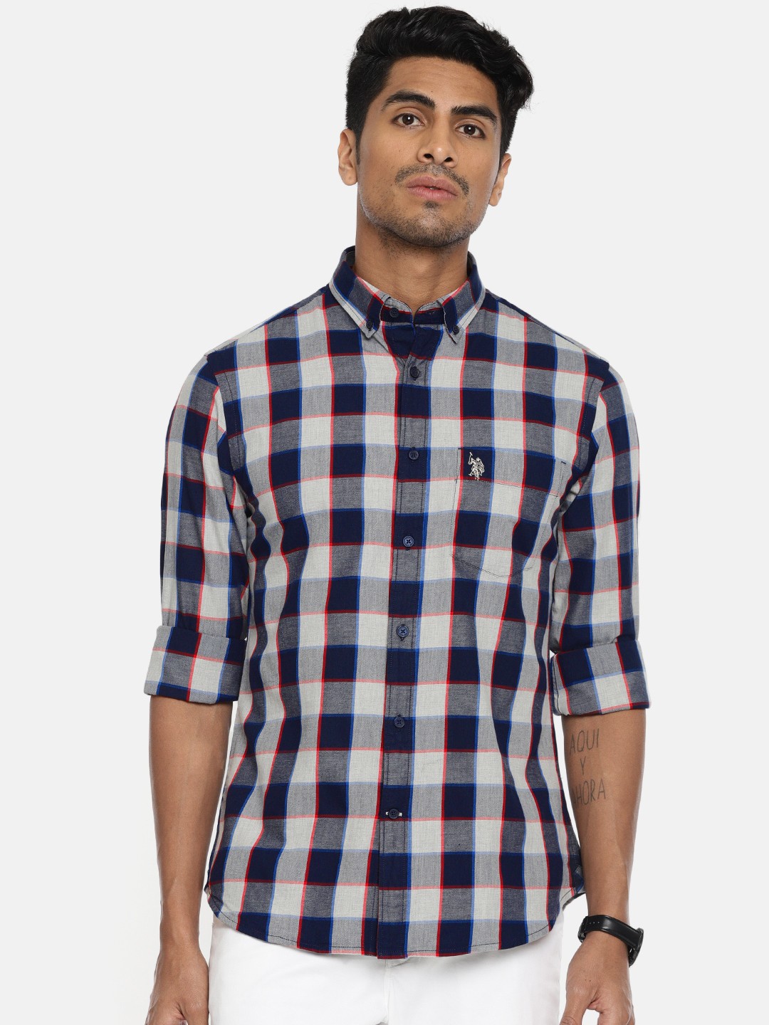 

U.S. Polo Assn. Men Navy Blue & Grey Tailored Fit Checked Casual Shirt