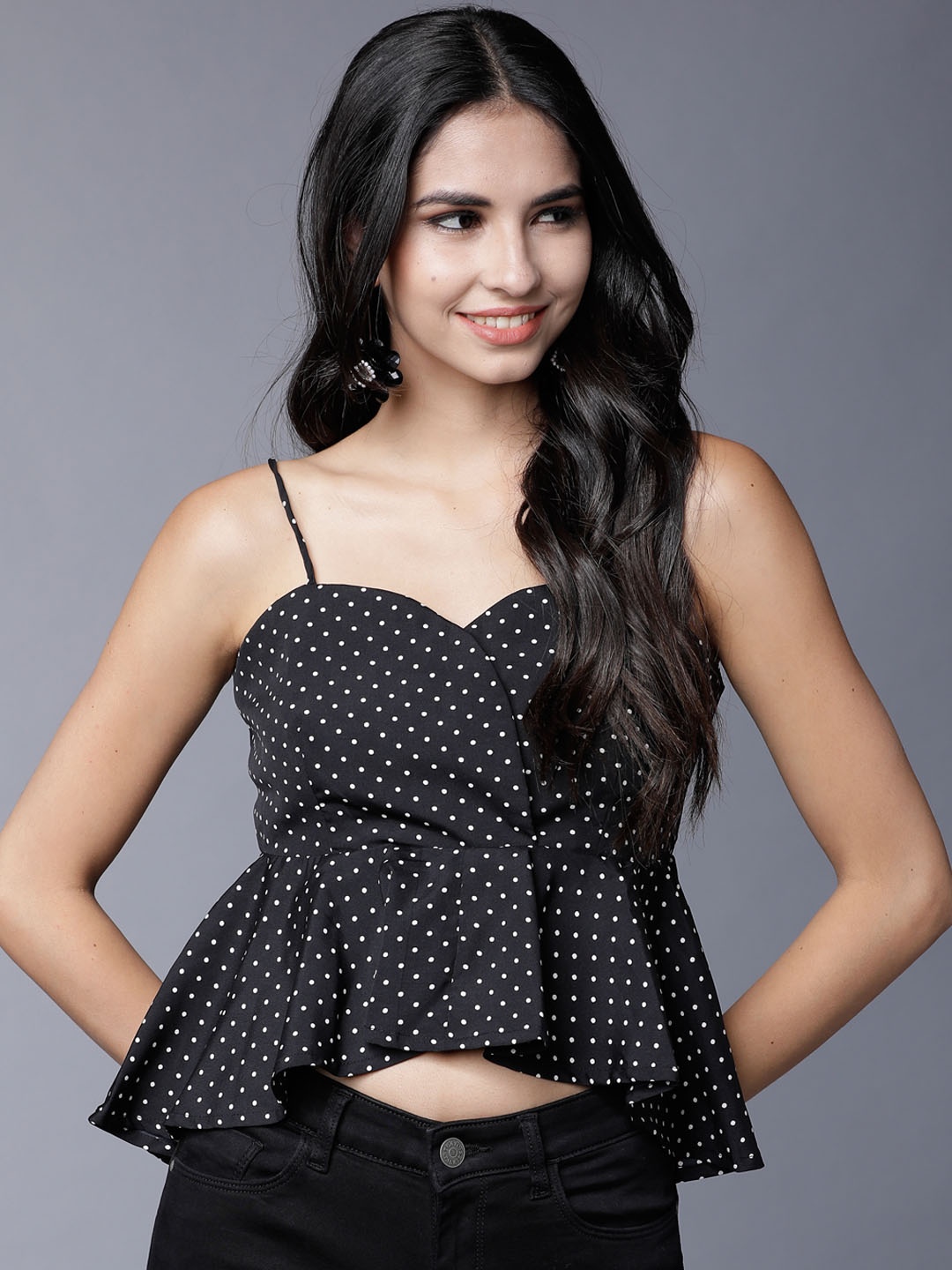 

Tokyo Talkies Women Black Printed Peplum Top