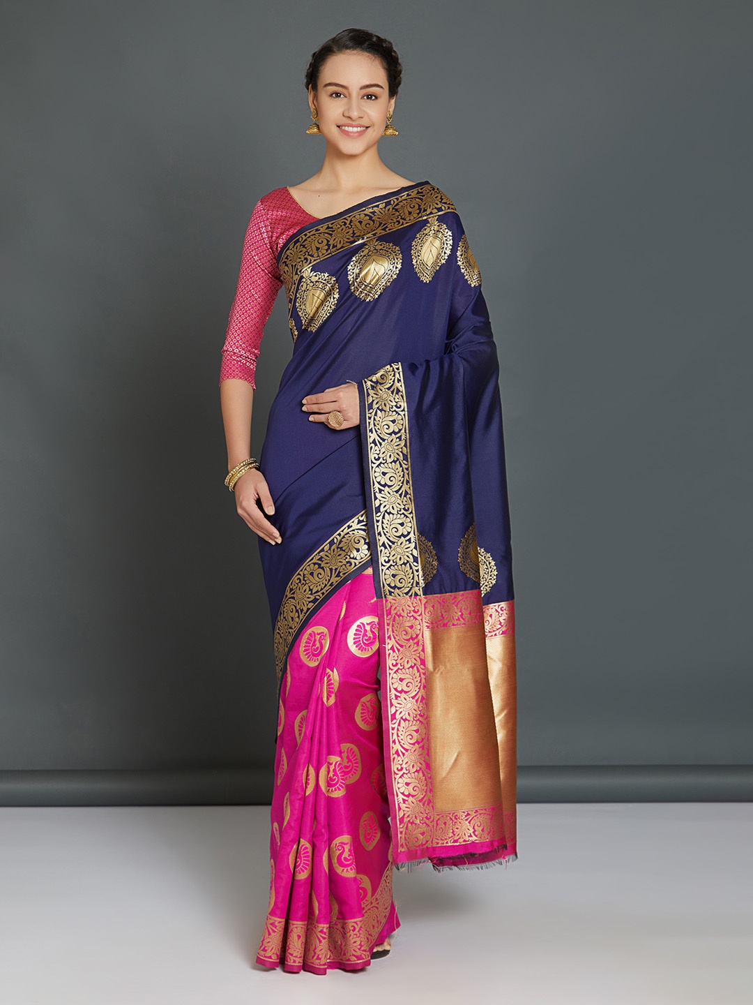 

Mitera Navy & Pink Woven Design Kanjeevaram Saree, Navy blue