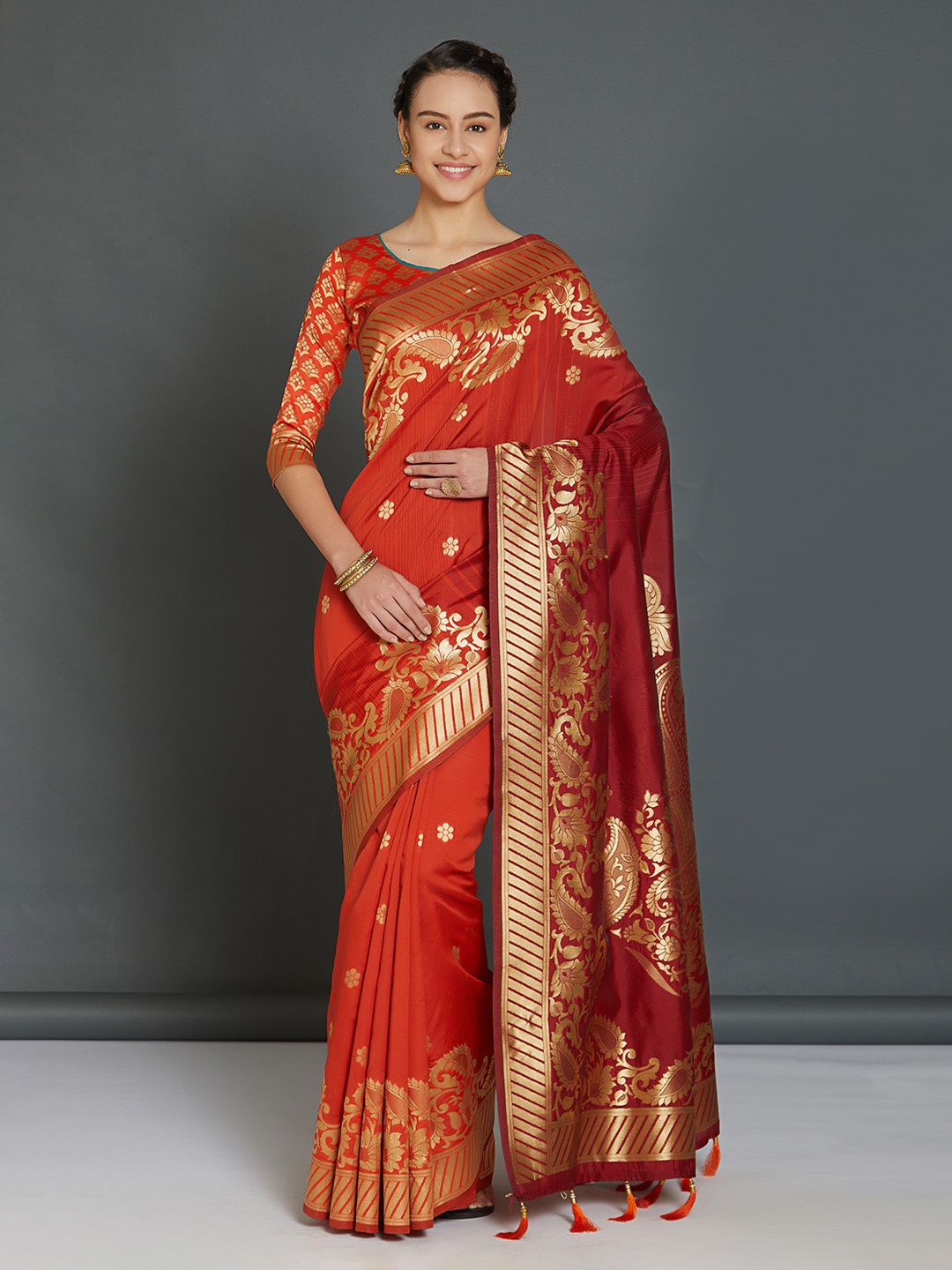 

Mitera Orange & Maroon Woven Design Kanjeevaram Saree