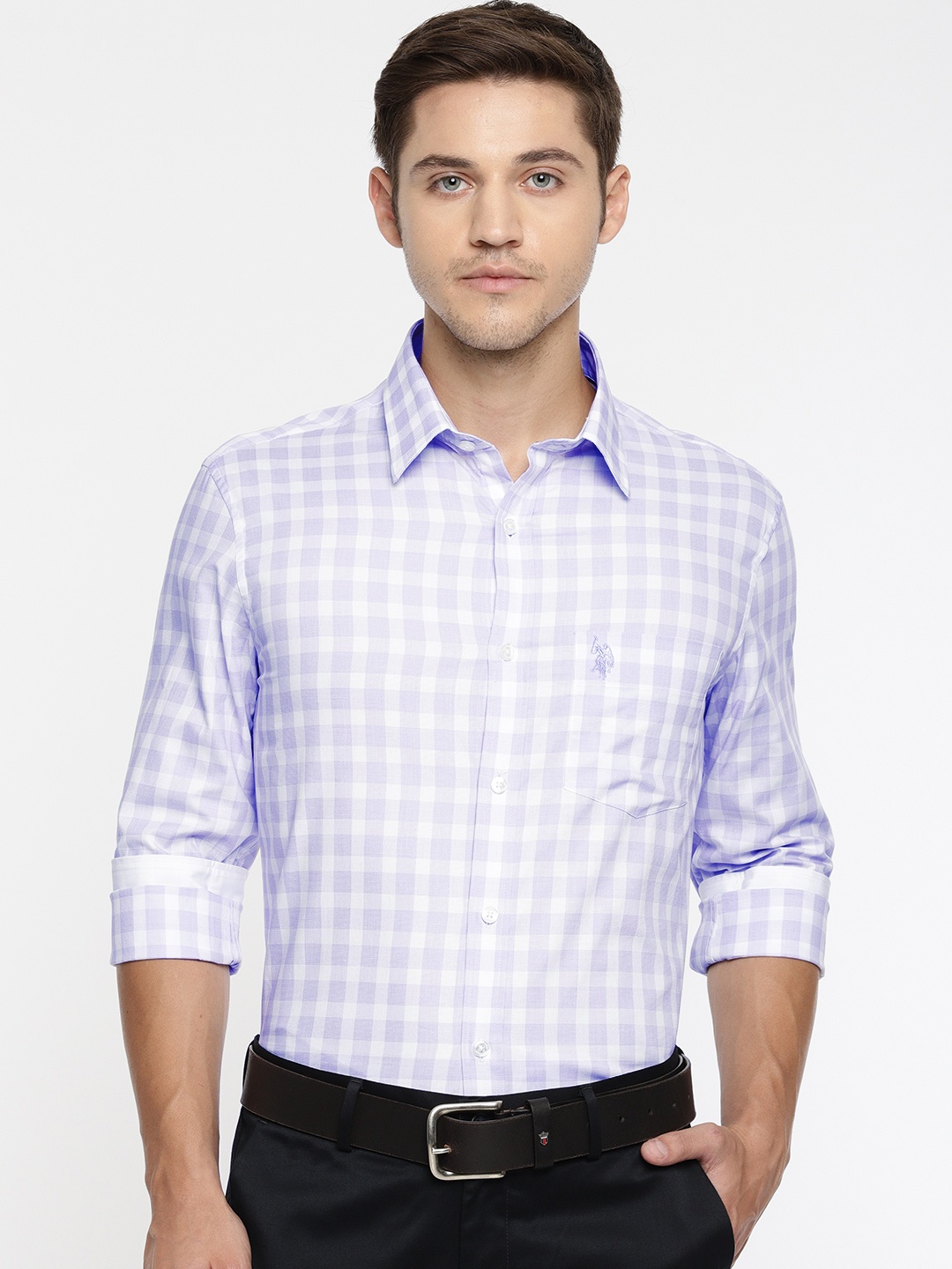 

U.S. Polo Assn. Tailored Men Lavender & White Tailored Fit Checked Semiformal Shirt