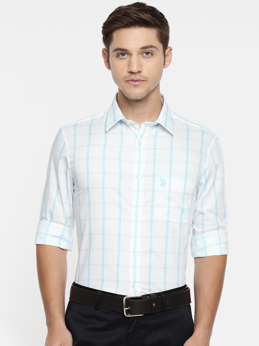 

U.S. Polo Assn. Tailored Men White & Blue Tailored Fit Checked Formal Shirt