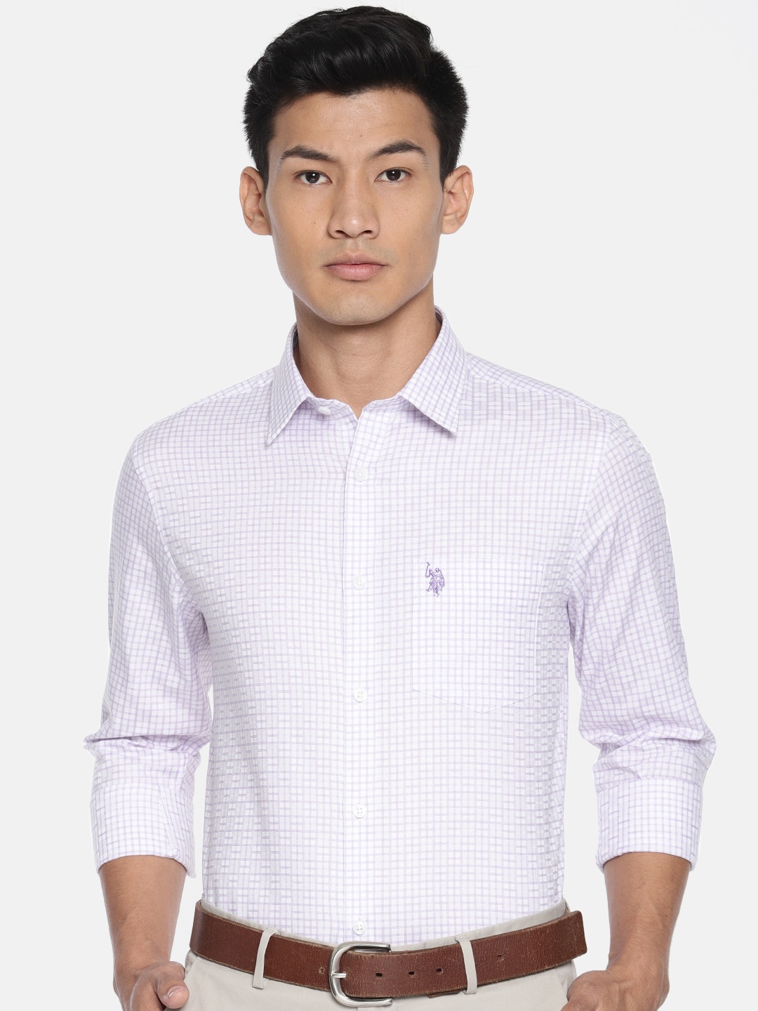 

U.S. Polo Assn. Tailored Men White & Lavender Tailored Fit Checked Semiformal Shirt