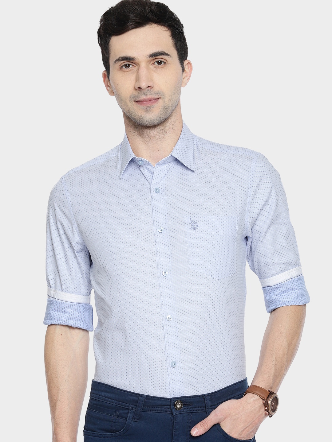

U.S. Polo Assn. Tailored Men Blue Tailored Fit Self Design Smart Casual Shirt