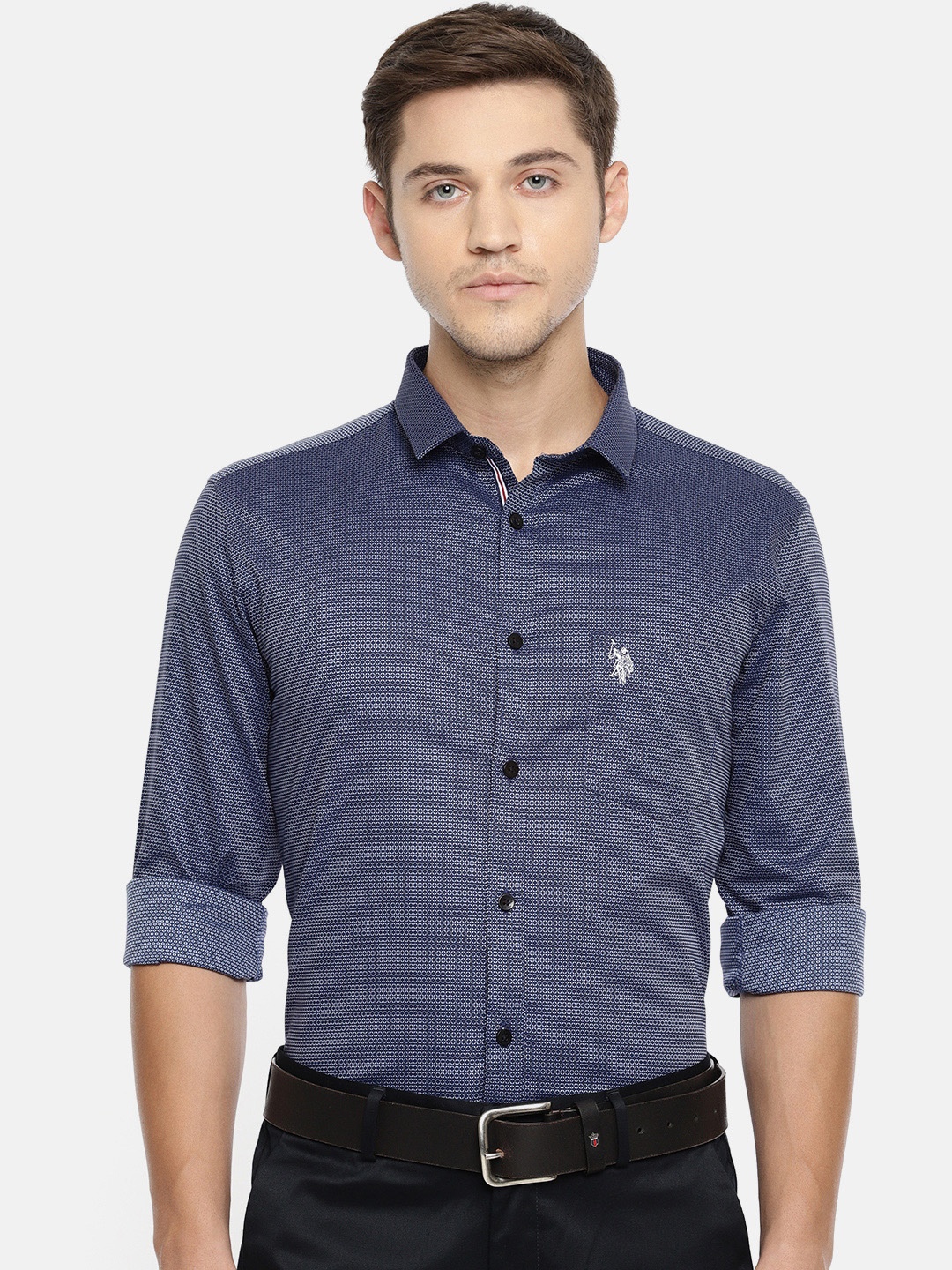 

U.S. Polo Assn. Tailored Men Navy Blue & White Slim Fit Self Design Casual Shirt