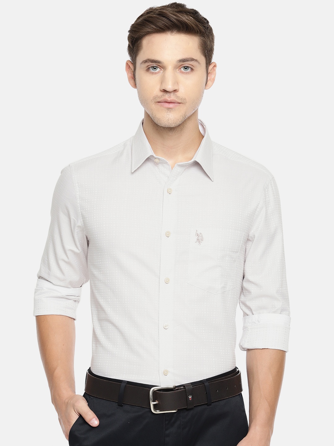 

U.S. Polo Assn. Tailored Men Beige & White Tailored Fit Self-Design Formal Shirt