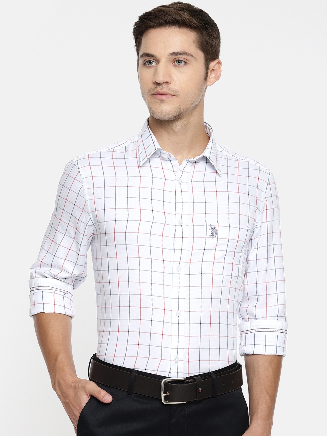 

U.S. Polo Assn. Tailored Men White & Red Slim Fit Checked Semi-Formal Shirt