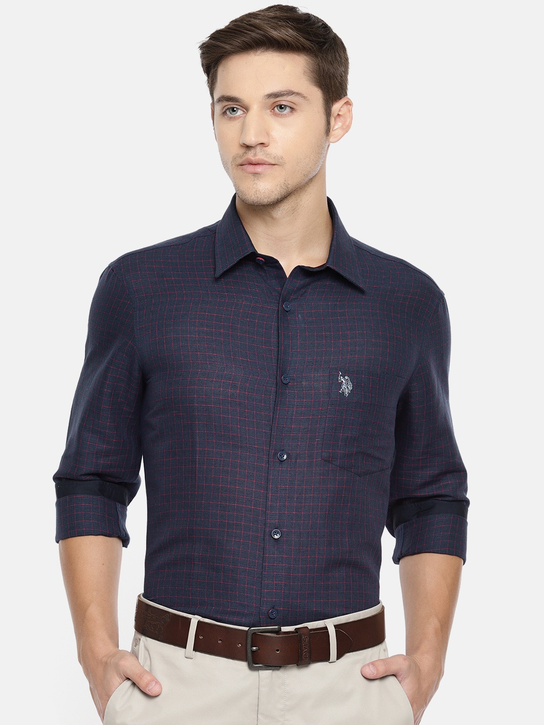 

U.S. Polo Assn. Tailored Men Navy Blue & Red Tailored Fit Checked Casual Shirt