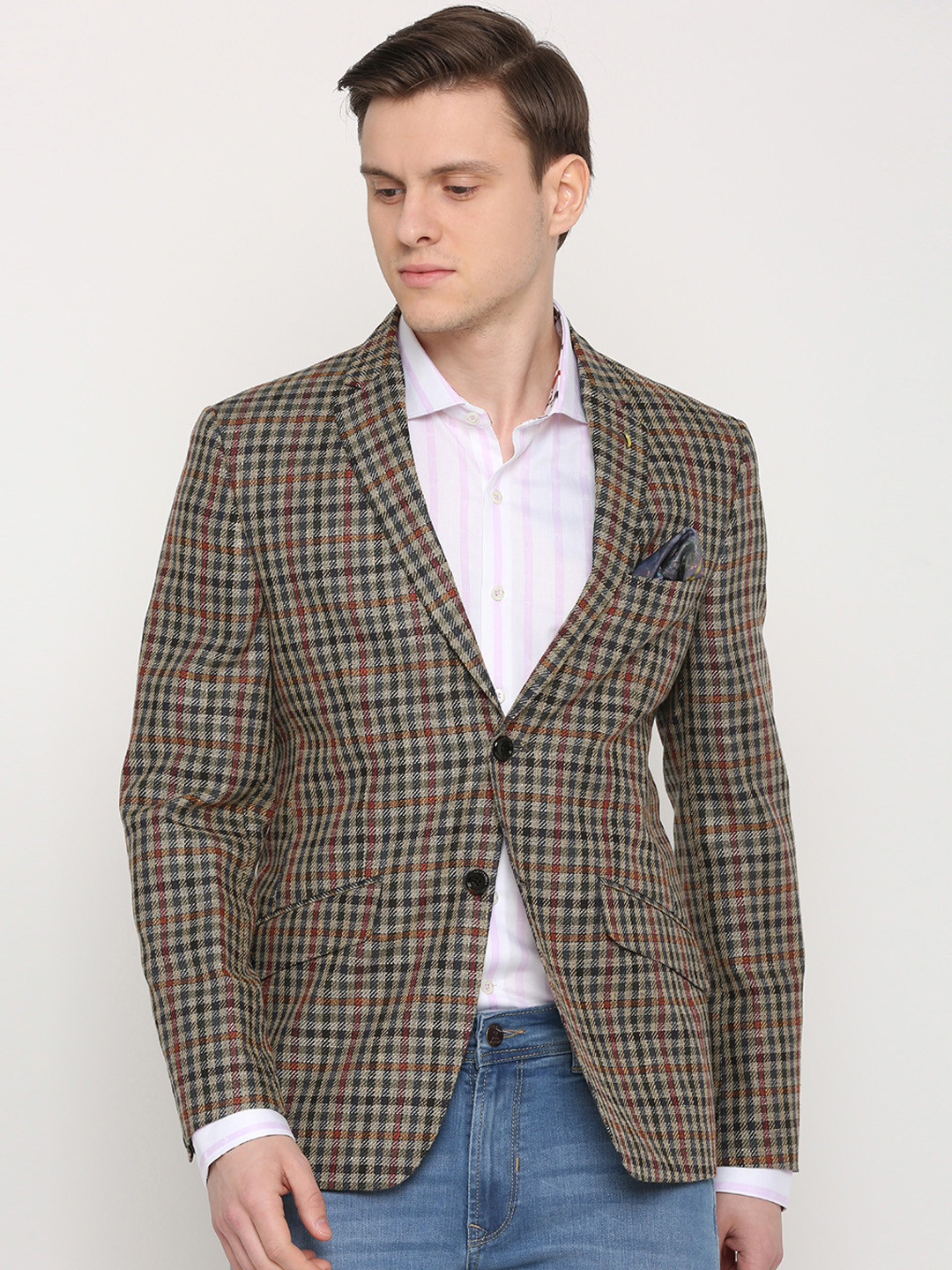 

SIMON CARTER LONDON Men Multicoloured Checked Slim-Fit Single-Breasted Blazer, Multi