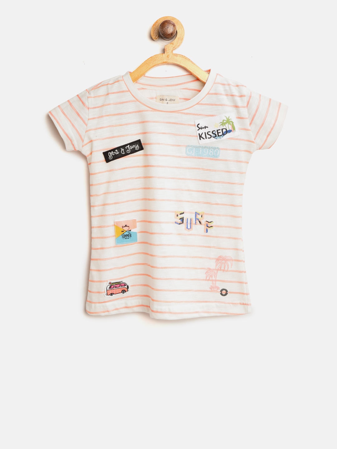 

Gini and Jony Girls Off-White & Peach-Coloured Striped Round Neck T-shirt