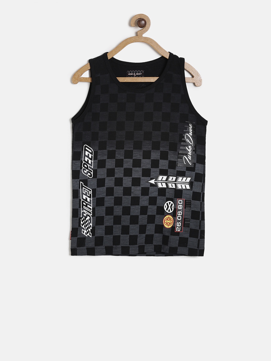 

Gini and Jony Boys Black Checked Round Neck Sleeveless T-shirt