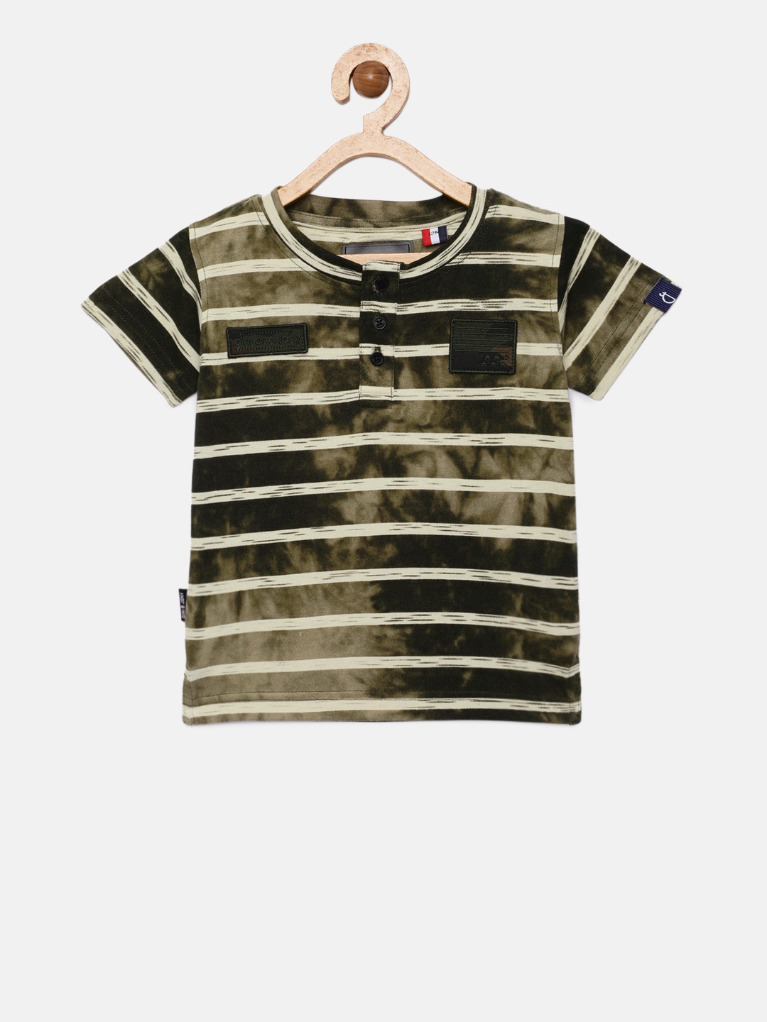

Gini and Jony Boys Olive Green Striped Henley Neck T-shirt