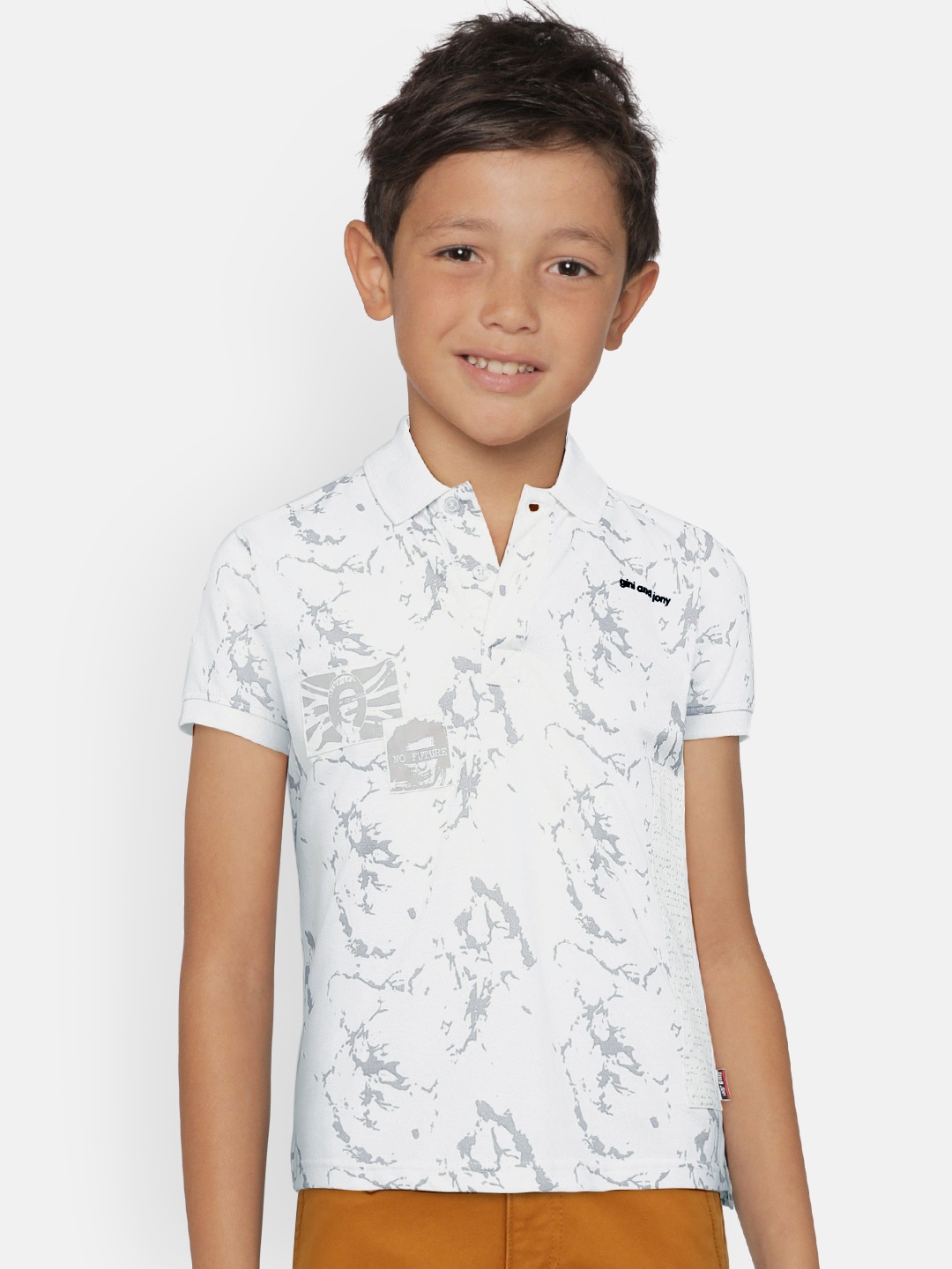 

Gini and Jony Boys White & Grey Printed Polo Collar T-shirt