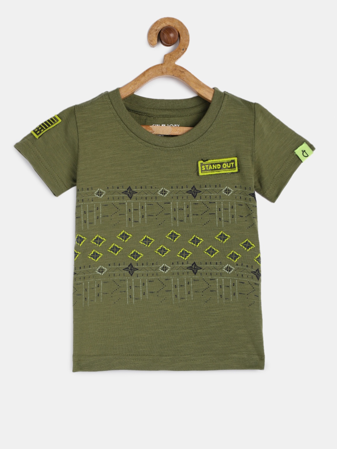 

Gini and Jony Boys Green Printed Round Neck T-shirt, Olive