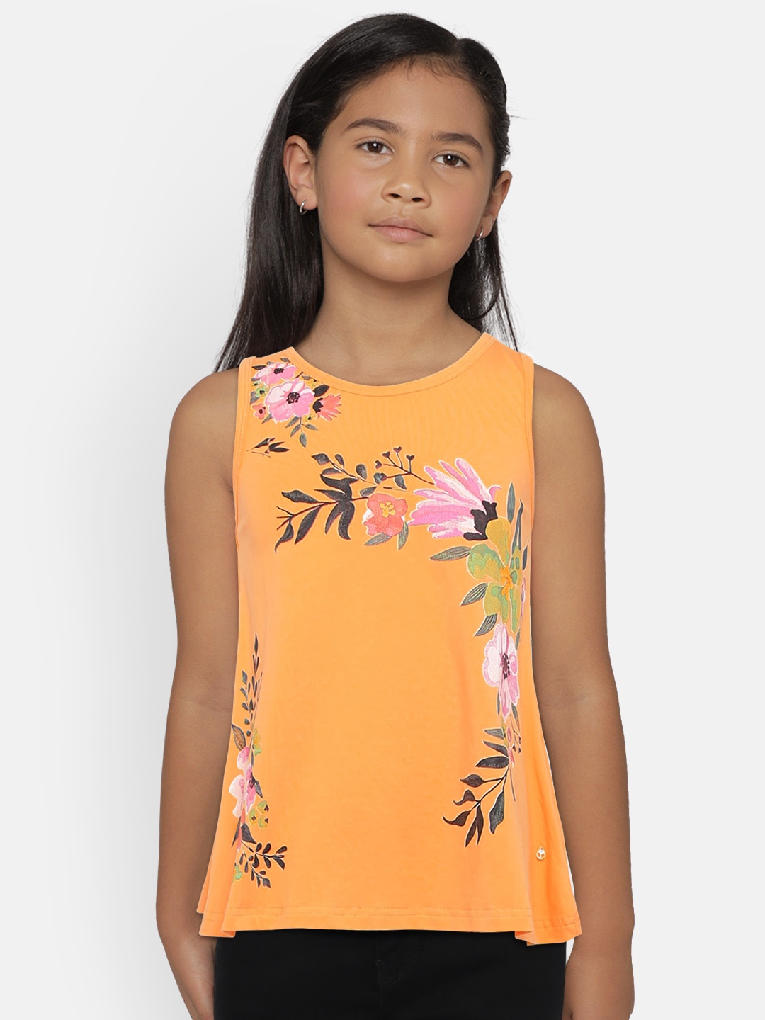 

Palm Tree Girls Peach-Coloured Printed A-Line Top