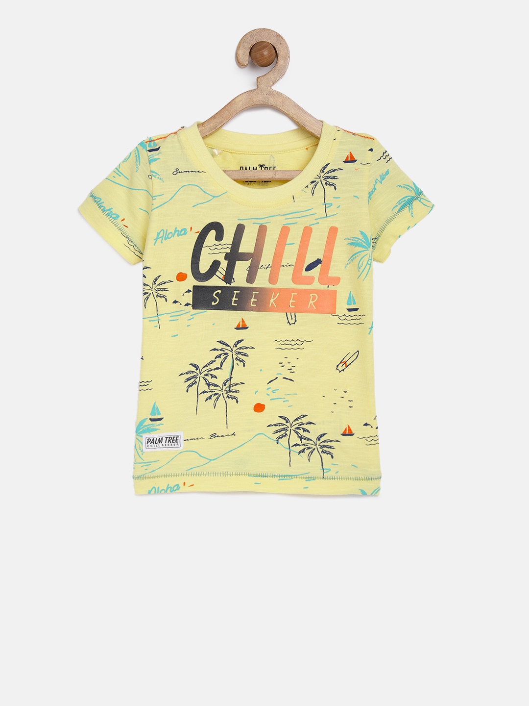 

Palm Tree Boys Yellow Printed Round Neck Pure Cotton T-shirt