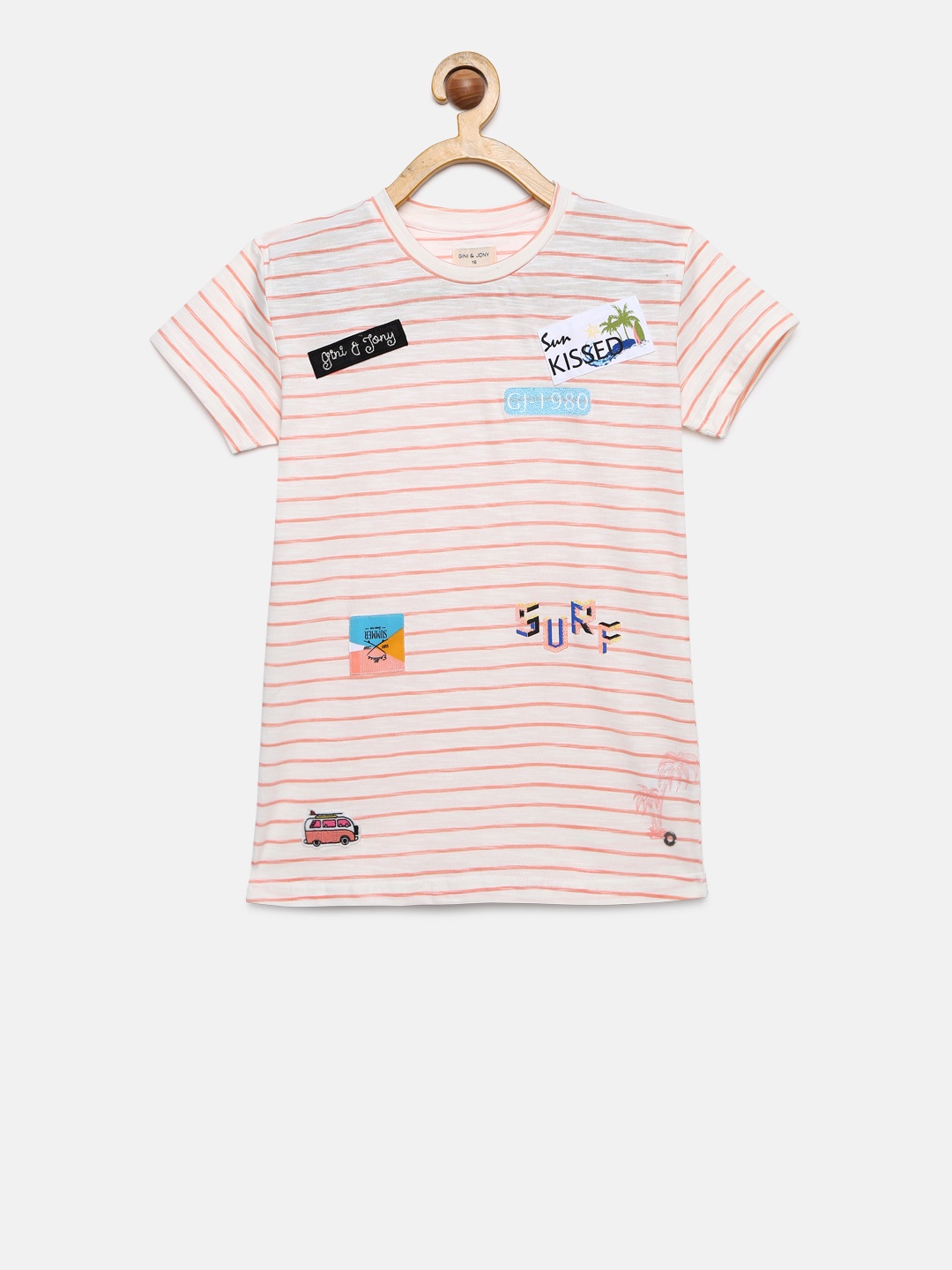 

Gini and Jony Girls White & Pink Striped Round Neck T-shirt