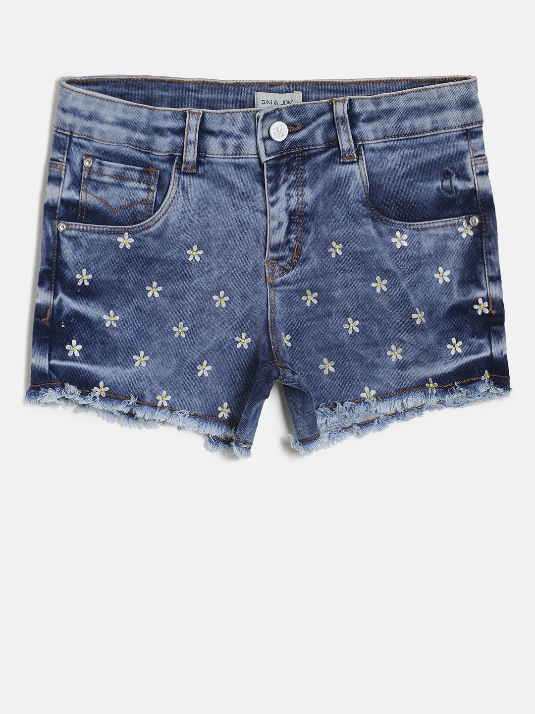 

Gini and Jony Girls Blue Printed Regular Fit Denim Shorts