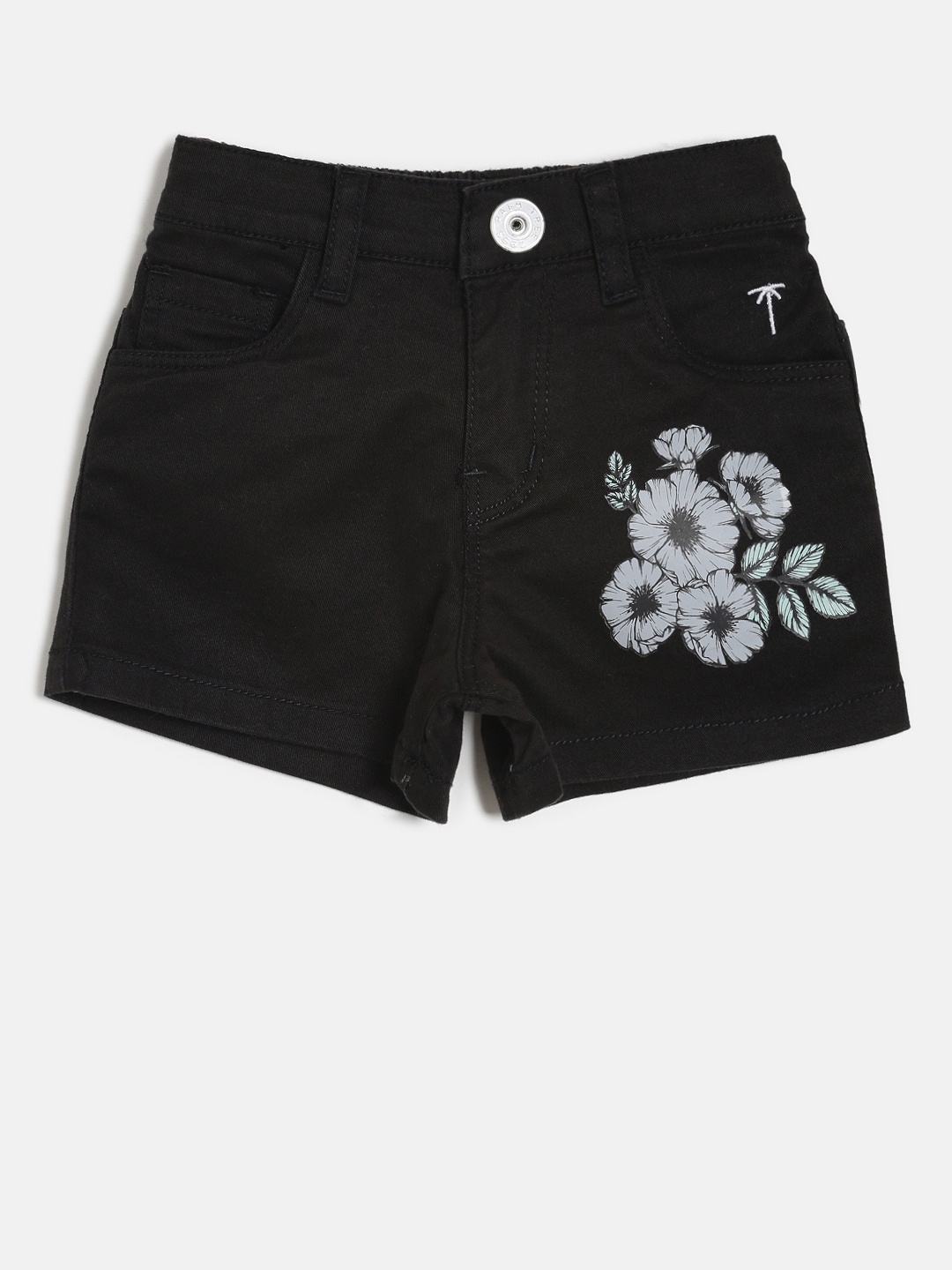 

Palm Tree Girls Black Printed Slim Fit Denim Shorts