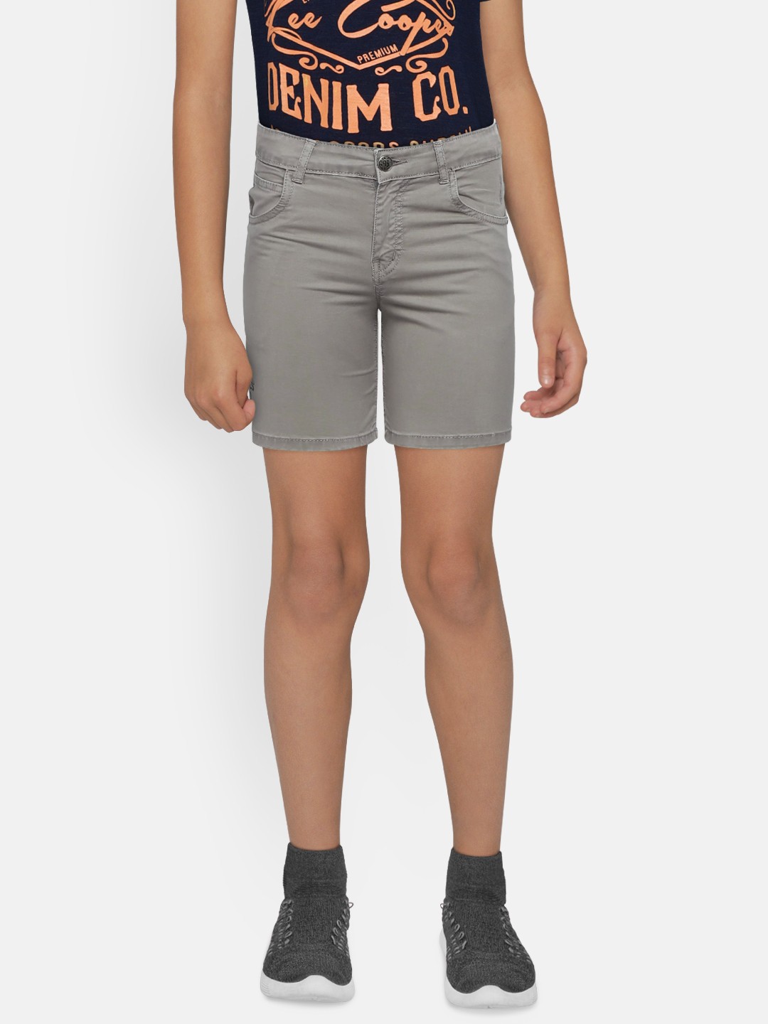 

Palm Tree Boys Grey Solid Regular Fit Denim Shorts