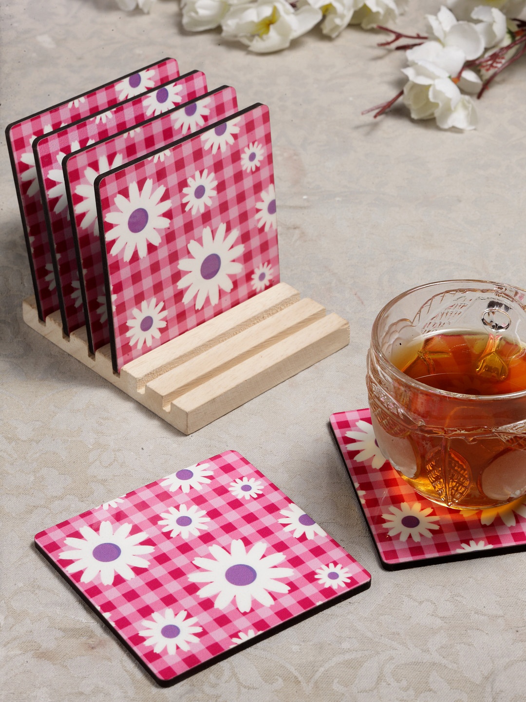 

Alina Decor Set of 6 Printed Coasters With Wooden Stand, Pink