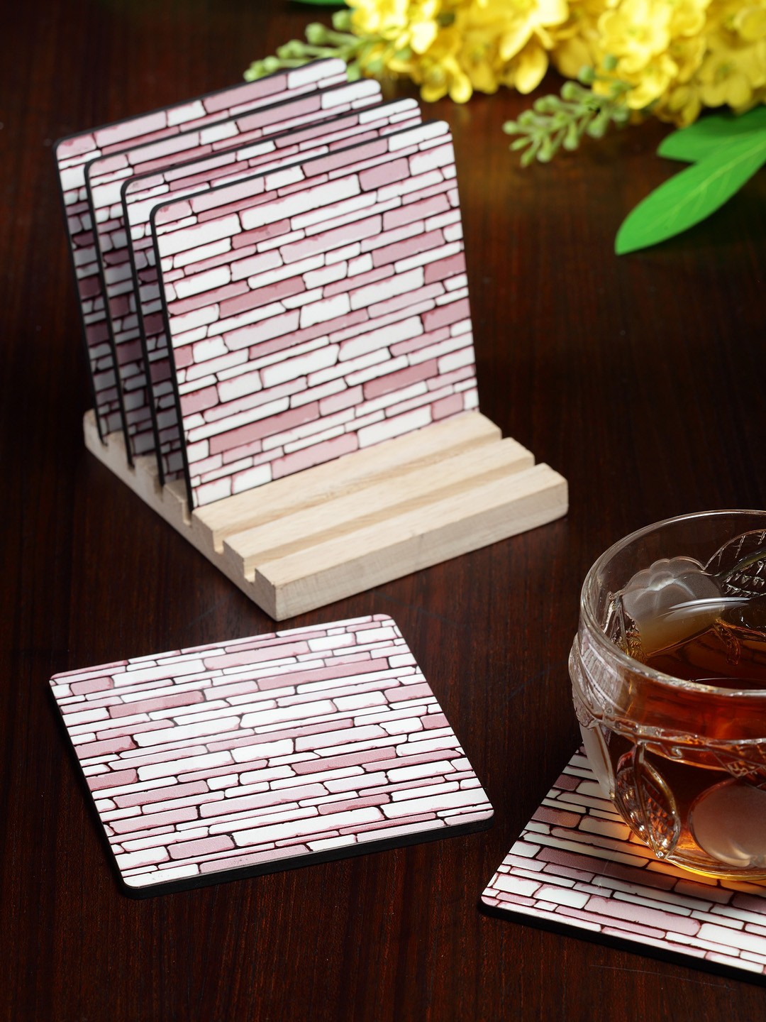 

Alina Decor Set of 6 Printed Coasters With Wooden Stand, Pink