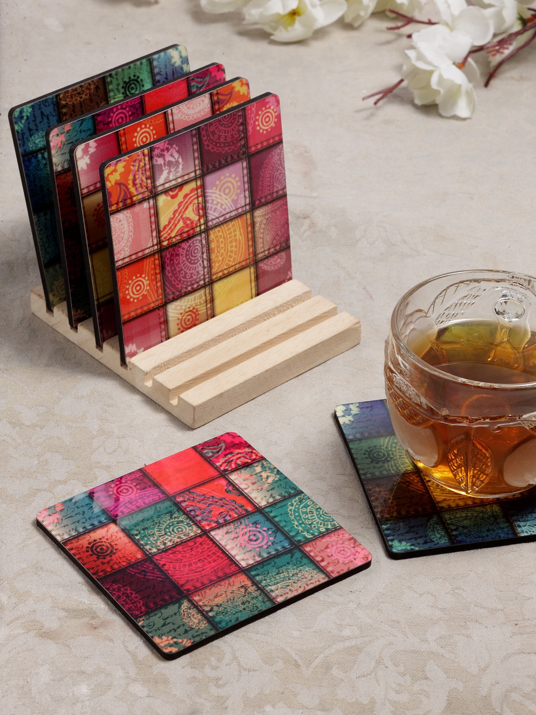 

Alina Decor Set of 6 Printed Coasters With Wooden Stand, Multi