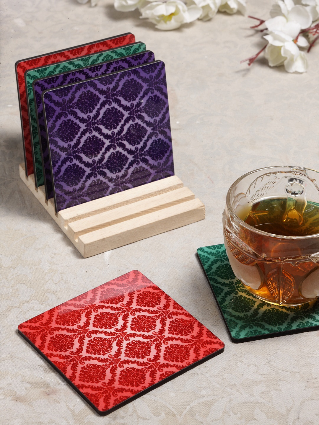 Alina Decor Set of 6 Printed Coasters With Wooden Stand, Multi