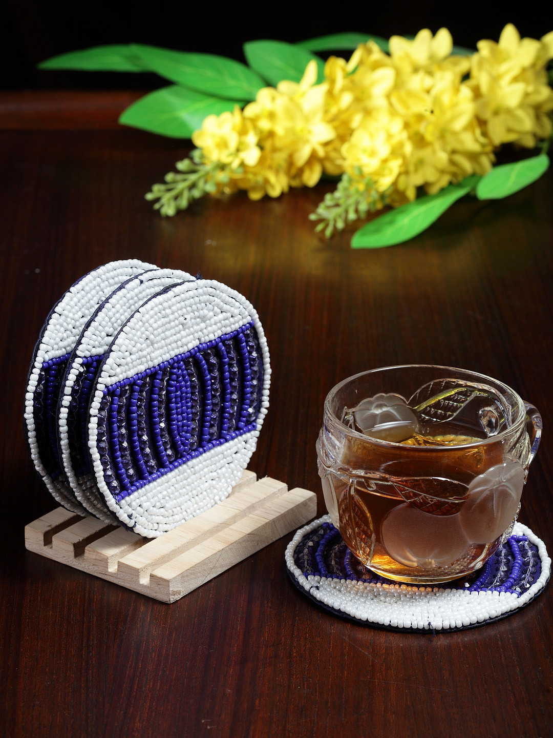 

Alina Decor Set of 4 Beads Work Coasters With Wooden Stand, Blue