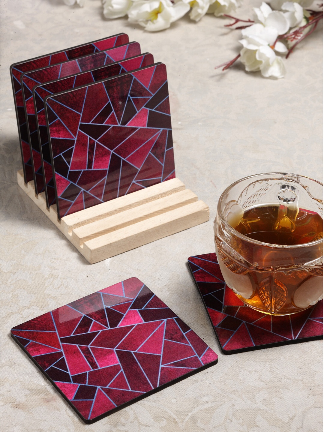 

Alina Decor Set of 6 Printed Coasters With Wooden Stand, Maroon