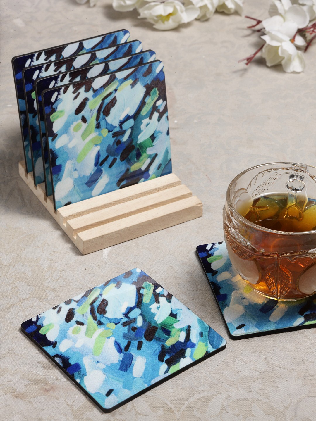 

Alina Decor Set of 6 Printed Coasters With Wooden Stand, Green