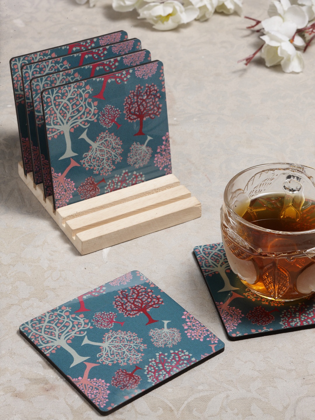 

Alina Decor Set of 6 Printed Coasters With Wooden Stand, Green