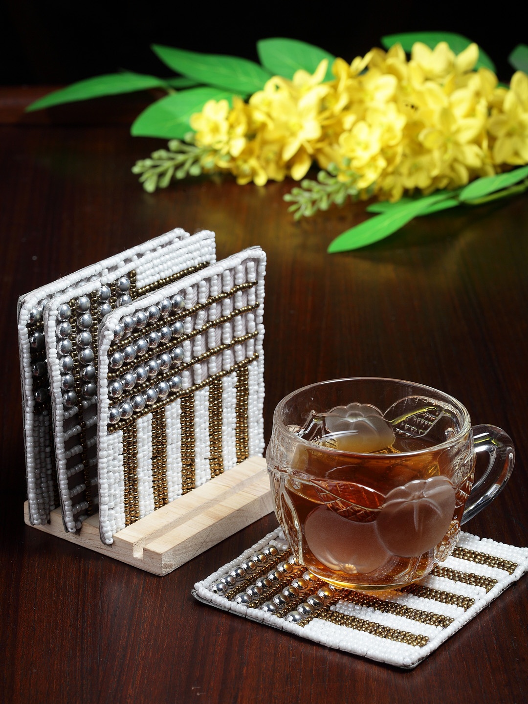 

Alina Decor Set of 4 Beads Work Coasters With Wooden Stand, Off white