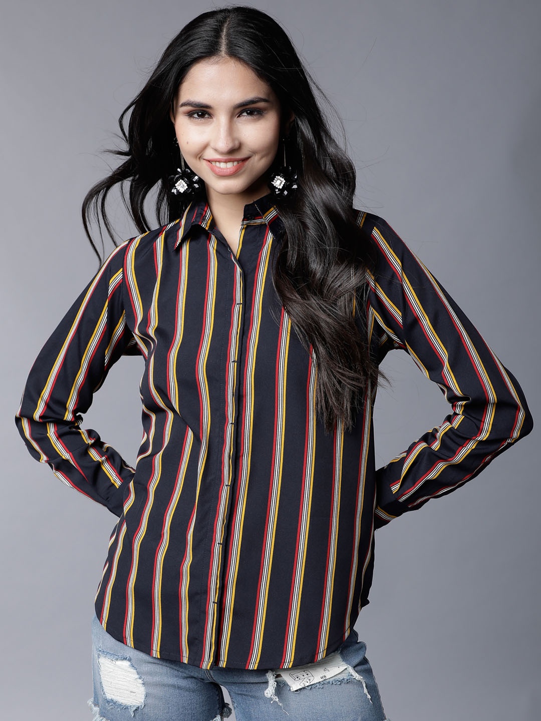 

Tokyo Talkies Women Navy Blue & Yellow Regular Fit Striped Casual Shirt