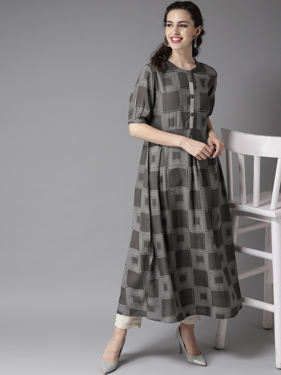 

Moda Rapido Women Grey & White Printed A-Line Kurta