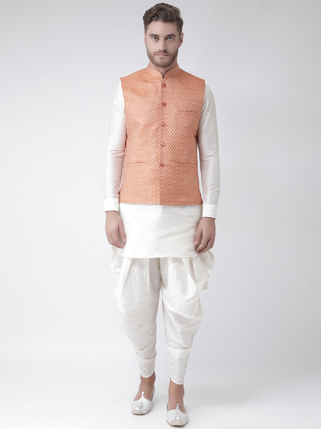 

DEYANN Men Off-White Self Design Kurta with Patiala, Orange