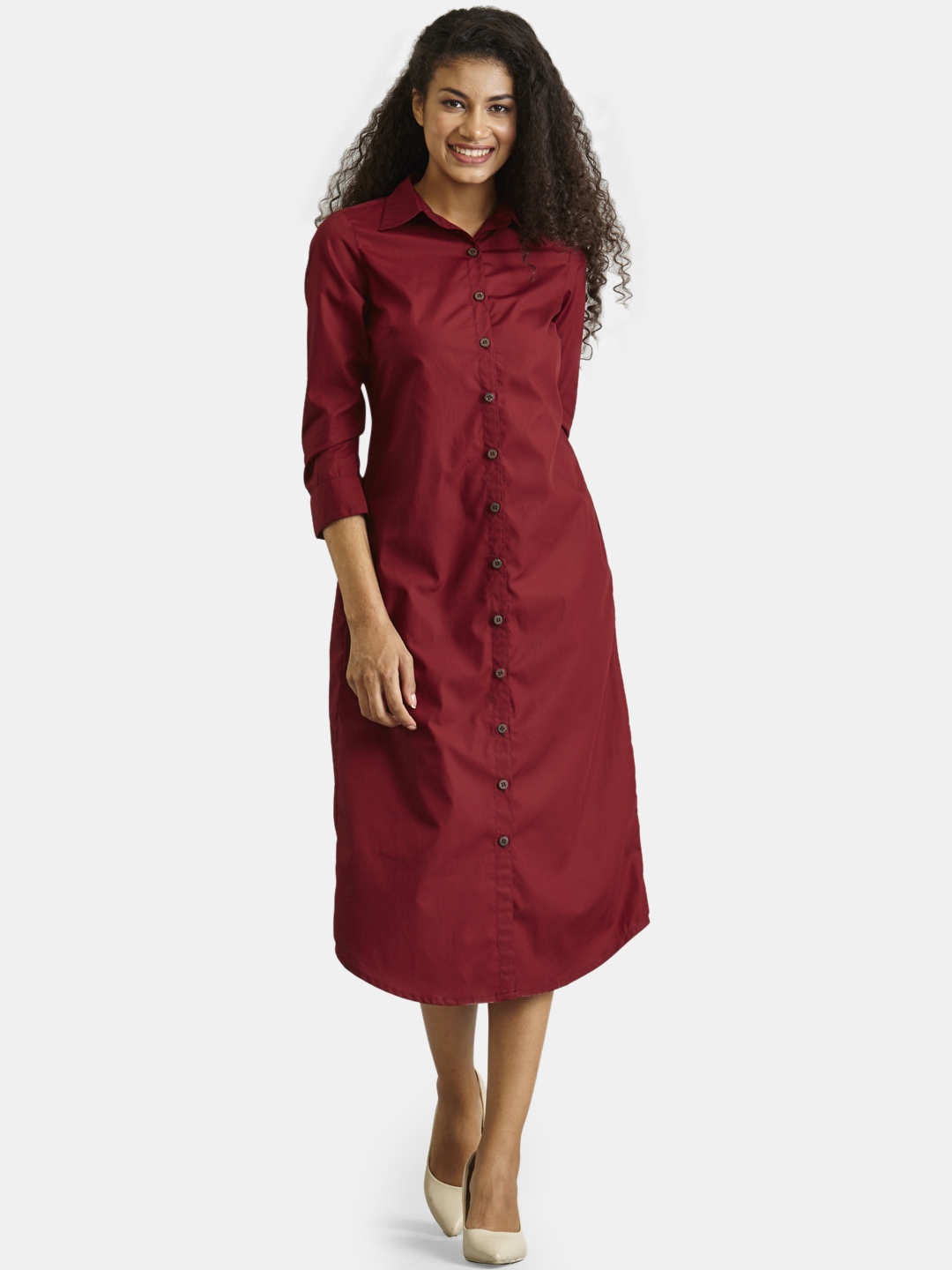 

FableStreet Women Maroon Solid Shirt Dress